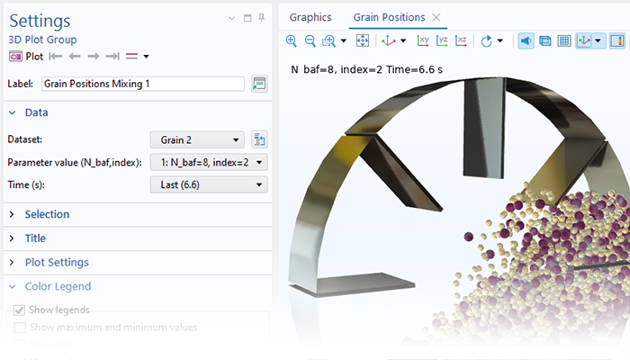 Eine Detailansicht der Einstellungen für die 3D-Plotgruppe und ein rotierendes Trommelmodell im Grafikfenster.