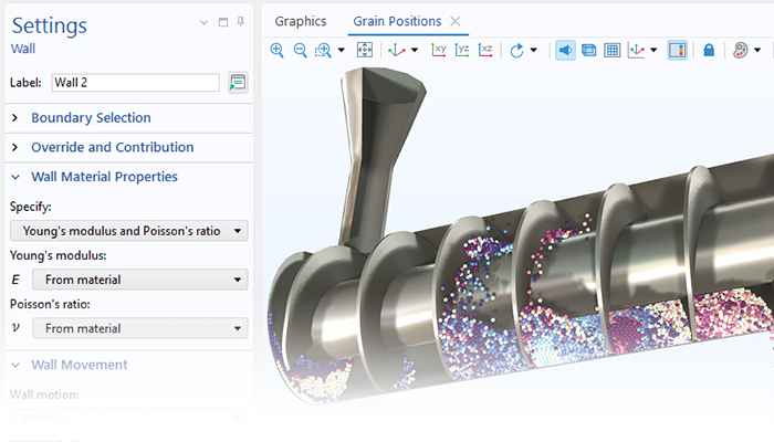 Eine Detailansicht der Wandeinstellungen und eines Schneckenförderermodells im Grafikfenster.