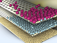 Detailansicht eines Modells von drei vibrierenden Sieben mit Körnern unterschiedlicher Größe.