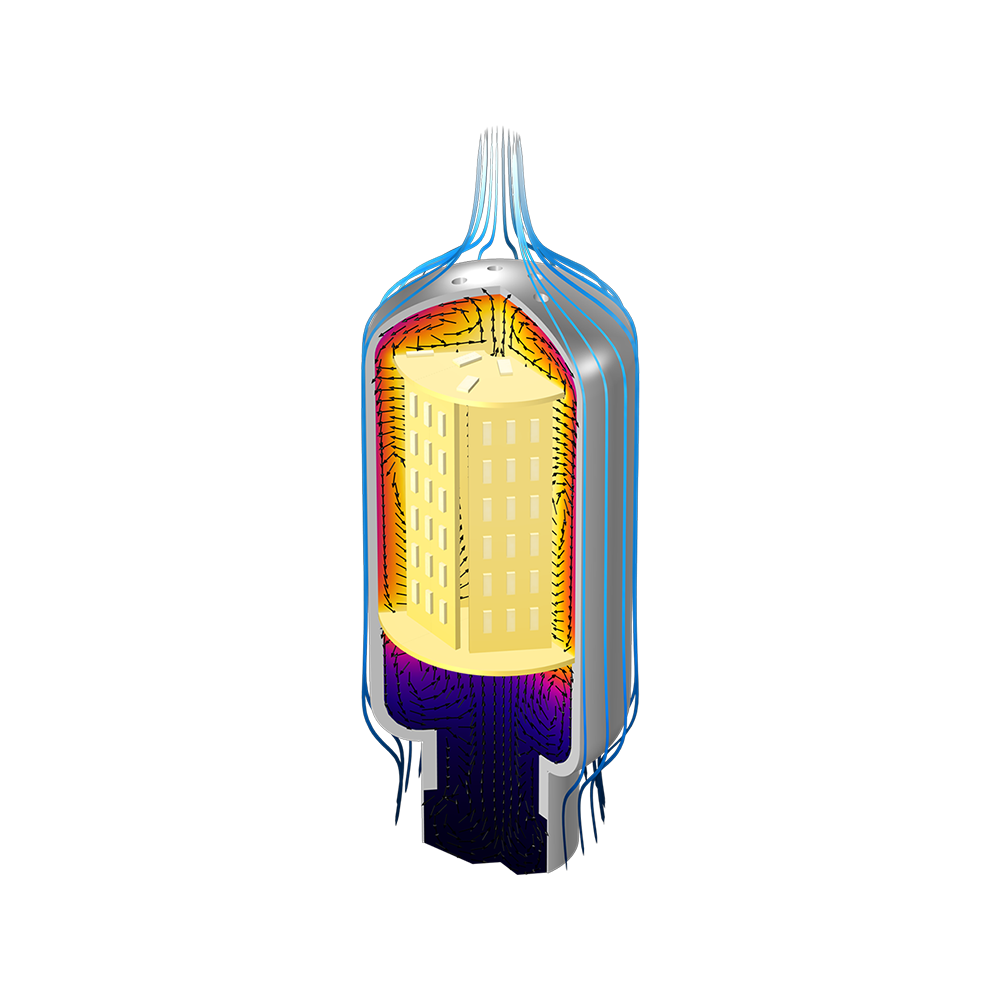 Изображение модели светодиодной лампы, на котором показано поле течения вблизи внешней поверхности  колбы, а также распределение температуры и векторы скорости внутри колбы.