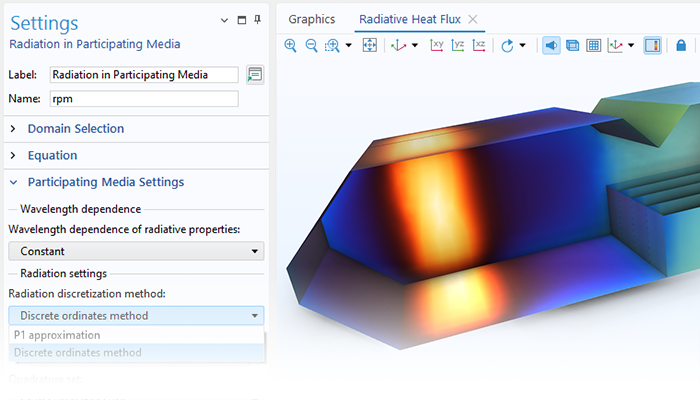 A close-up view of the Radiation in Participating Media interface settings and a boiler model in the Graphics window.