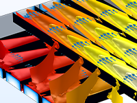 Увеличенное изображение модели теплообменника с перекрёстным током теплоносителя, на котором показаны два слоя каналов и распределение температуры.
