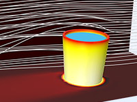 Увеличенное изображение модели охлаждения стакана с горячей водой, на котором показаны линии тока воздуха и распределение температуры в стакане.