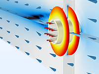 Увеличенное изображение модели теплообменника с оребрёнными трубами, на котором показано поле течения и распределение температуры в рёбрах.