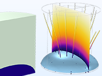 Увеличенное изображение модели процесса лиофилизации, на котором показано распределение фаз в одном цилиндре и распределение температуры в другом.