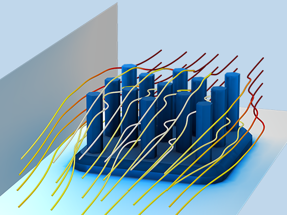 A detailed view of a heat sink showing the fluid flow streamlines through the heat sink pillars and the radiosity on the heat sink surfaces.