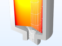 Detailansicht eines Speichers, die den Durchfluss und den Wärmetransport durch den Speicher zeigt.