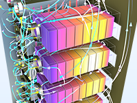 A close-up view of an air-cooled battery energy storage system, showing the temperature and flow field with streamlines.