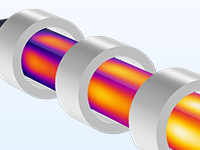 Visualizzazione in dettaglio della distribuzione della temperatura in una billetta di acciaio mentre passa attraverso tre bobine energizzate.