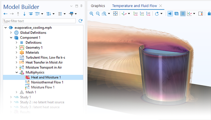 A close-up of the Model Builder with the Heat and Moisture node highlighted and an evaporative cooling model in the Graphics window.