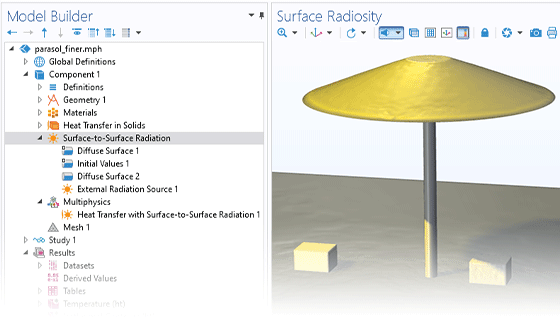 The Surface-to-Surface Radiation interface in the Model Builder and the Graphics window showing the simulation results: surface radiosity of a parasol and coolers in the sun.