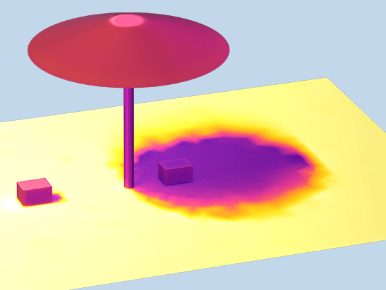 A detailed view of a parasol shading a cooler from the sun, while another cooler is in the sun.