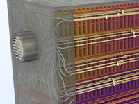 Eine Detailansicht des Modells eines Lamellenwärmetauschers im Farbschema Heat Camera Light.
