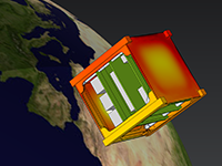 Eine Detailansicht eines Satelliten über einem Modell der Erde.