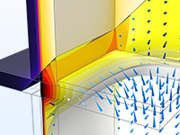 Модель строительной конструкции. Показано распределение температуры в сечении с ипользованием цветовой палитры Heat Camera и векторное поле плотности теплового потока.