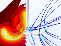 Увеличенное изображение модели электрического зонда, на котором показаны линии электрического тока и изоповерхности поля температуры в окружающей ткани.