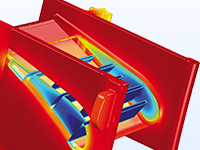 Увеличенное изображение модели лопатки статора турбины, на котором показано распределение температуры.