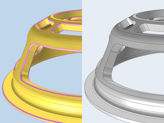 A close-up view of a CAD geometry shown in a side-by-side comparison with and without fillets.