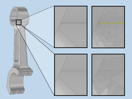 Eine Nahansicht einer CAD-Geometrie, die die Ergebnisse des Netzes vor und nach der Reparatur zeigt.