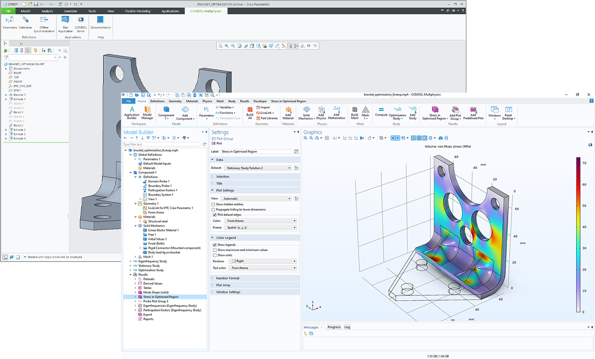 The COMSOL Multiphysics UI overlaid on a Creo Parametric UI with a bracket model in both Graphics windows.