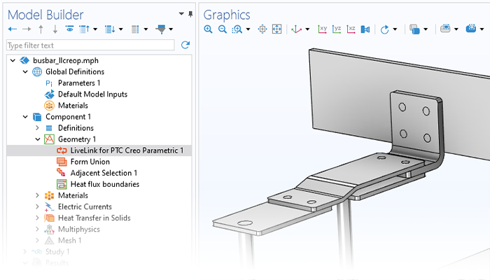 Vista in primo piano del Model Builder con il nodo LiveLink per PTC Creo Parametric evidenziato e un modello di busbar nella finestra Graphics.