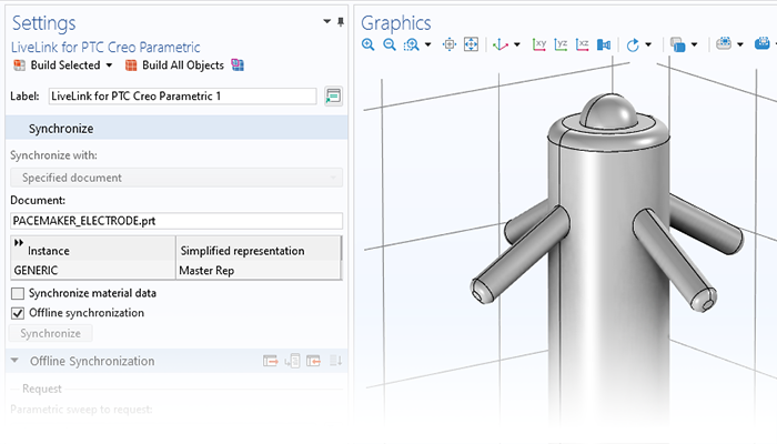 A close-up view of the LiveLink for PTC Creo Parametric settings and a pacemaker model in the Graphics window.
