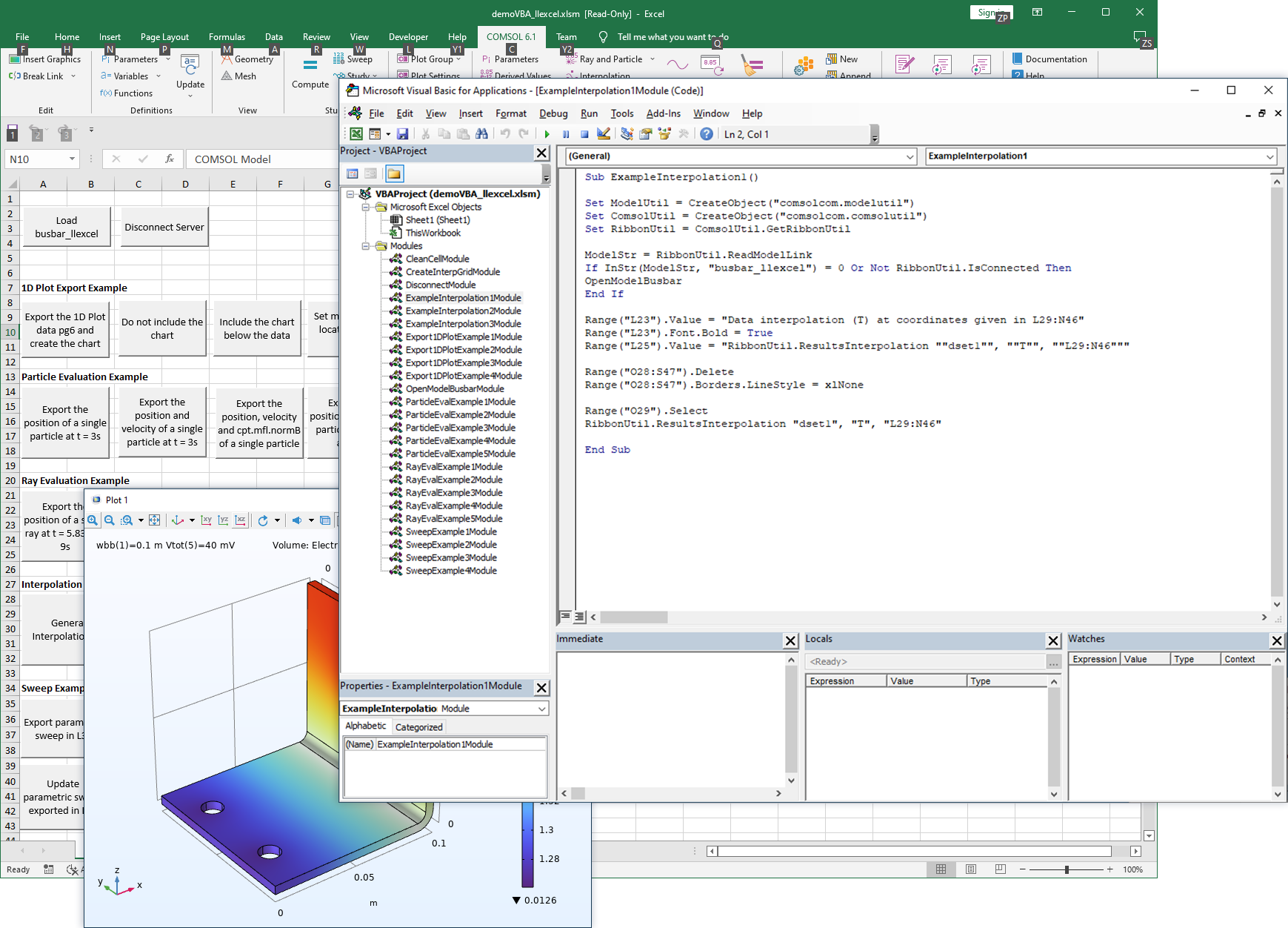 Un montage avec une fenêtre VBA superposée à une feuille de calcul Excel et une fenêtre de résultats.