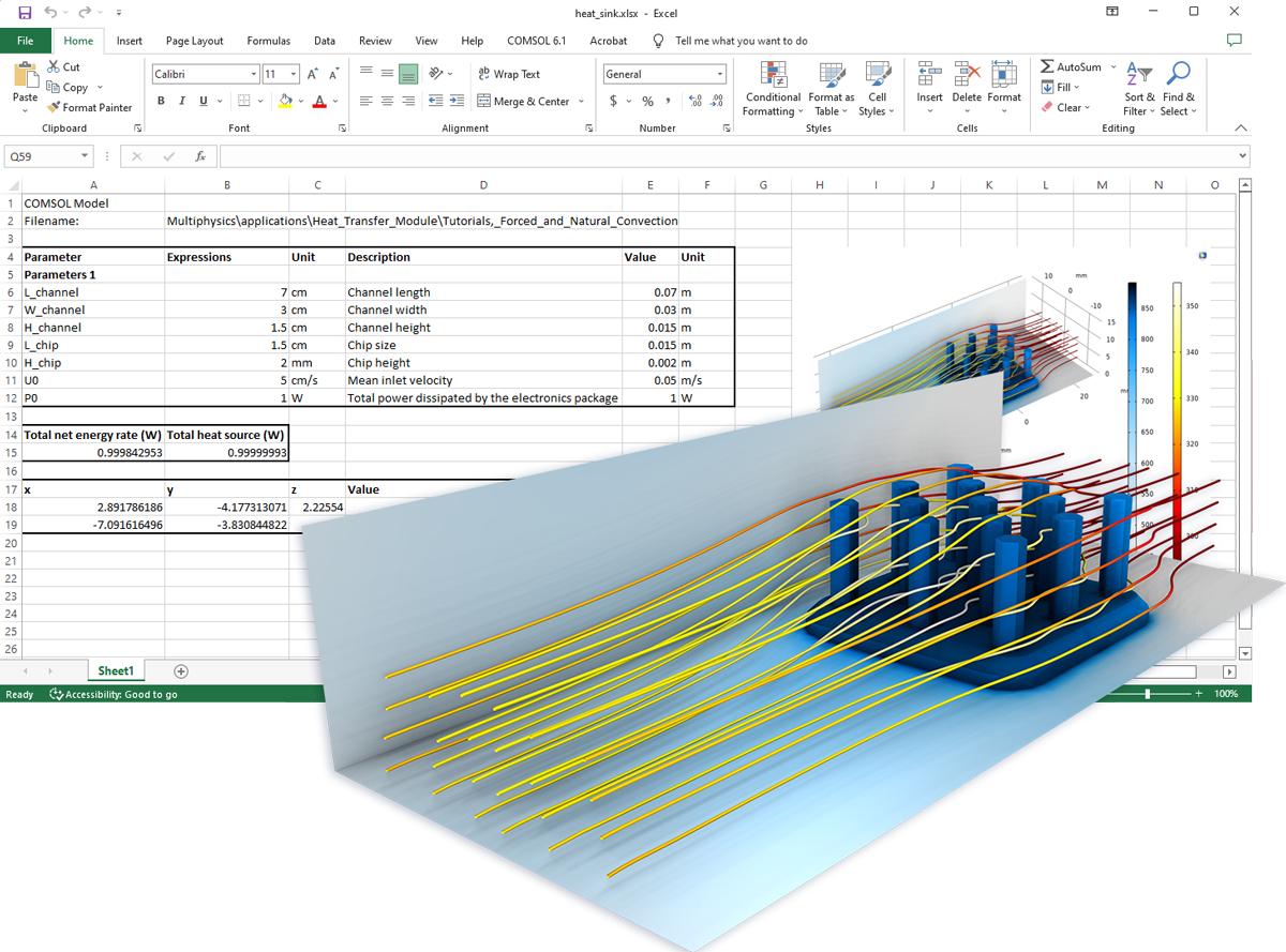 A heat sink model overlaid on an Excel spreadsheet.