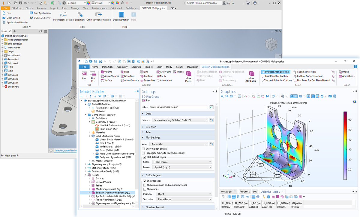 The COMSOL Multiphysics UI overlaid on an Inventor UI with a bracket model in both Graphics windows.