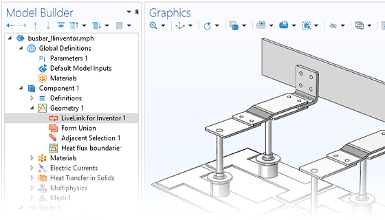 Eine Nahansicht des Model Builder mit hervorgehobenem LiveLink for Inventor Knoten und dem Modell einer Stromschiene im Grafikfenster.