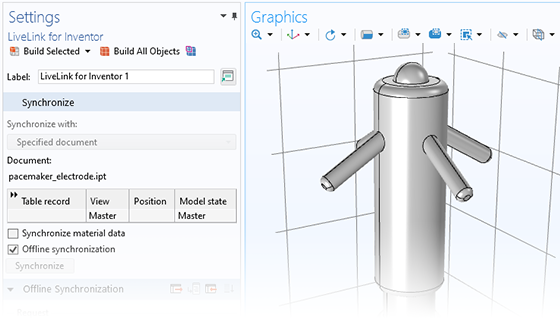 A close-up view of the LiveLink for Inventor settings and a pacemaker model in the Graphics window.