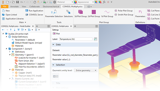 A close-up view of the Inventor UI showing the COMSOL Multiphysics tab and a busbar model in the Graphics window.