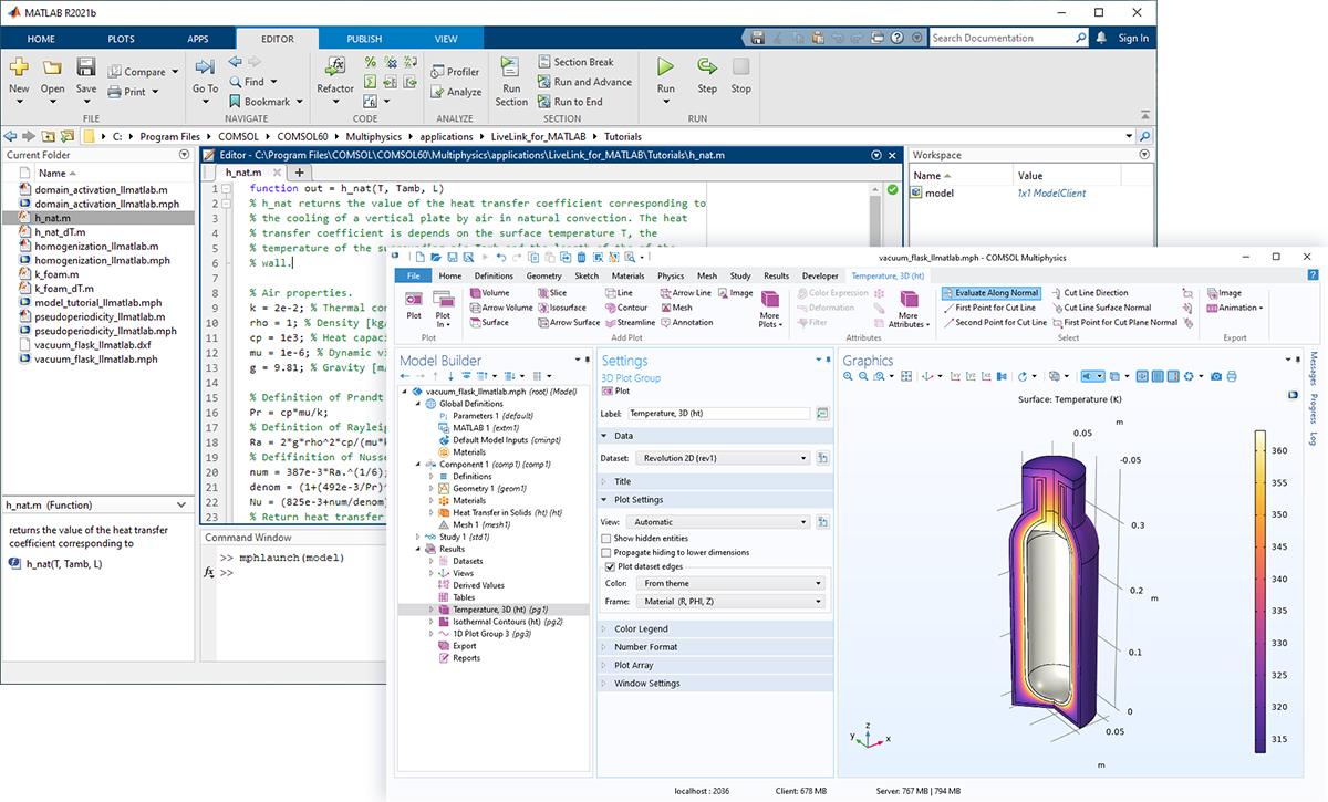 The COMSOL Multiphysics UI with a vacuum flask model in the Graphics window, overlaid on a MATLAB UI.