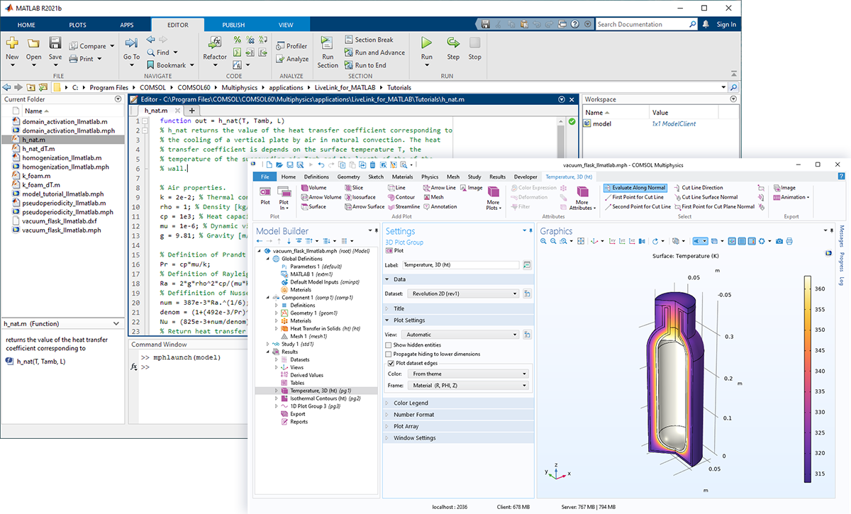 Die COMSOL Multiphysics-Benutzeroberfläche mit einem Vakuumkolbenmodell im Grafikfenster überlagert eine MATLAB-Benutzeroberfläche.