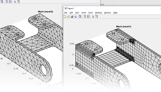 A close-up view of two bracket meshes overlaid on the MATLAB UI.
