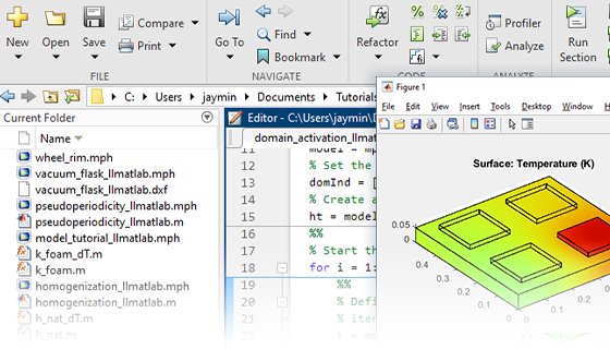 Vista in primo piano dell'interfaccia utente di MATLAB che mostra la mesh, la geometria e i risultati di un modello.