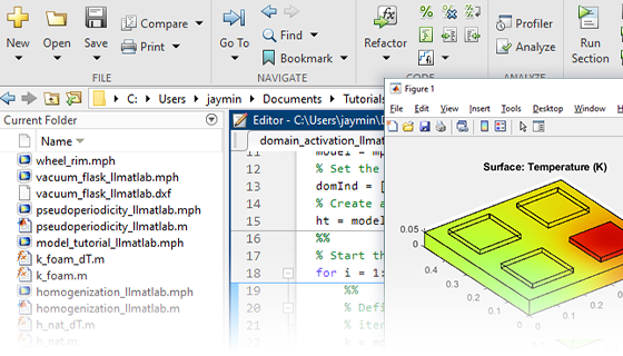 Eine Detailansicht der MATLAB-Benutzeroberfläche zeigt das Netz, die Geometrie und die Ergebnisse eines Modells.