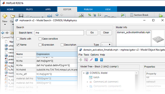 A close-up view of the Model Navigator and Model Search windows in the MATLAB UI.