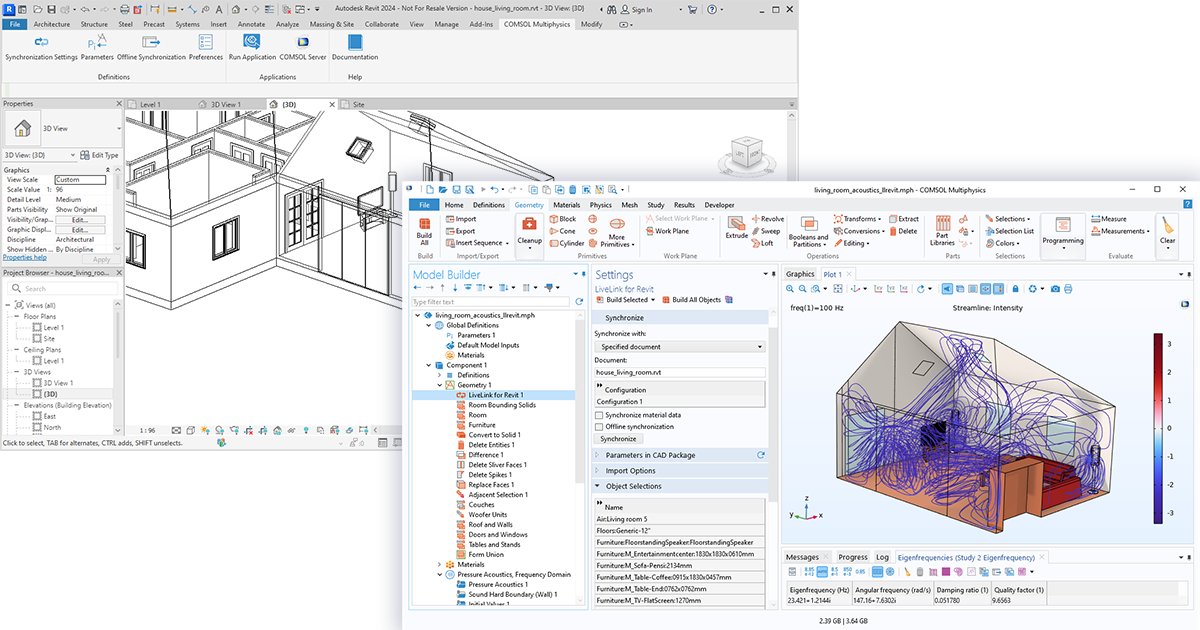 The COMSOL Multiphysics UI overlaid on a Revit UI with a bracket model in both Graphics windows.
