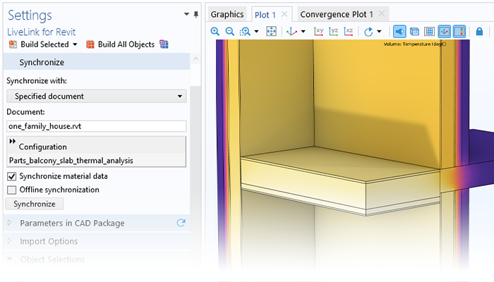 A close-up view of the Settings window for the LiveLink for Revit node and a geometry of a layered wall structure in the Graphics window.