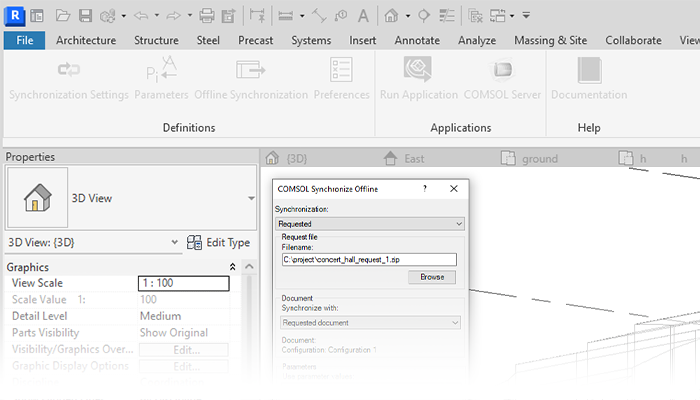 A close-up view of the COMSOL Synchronize Offline window in the Revit UI.