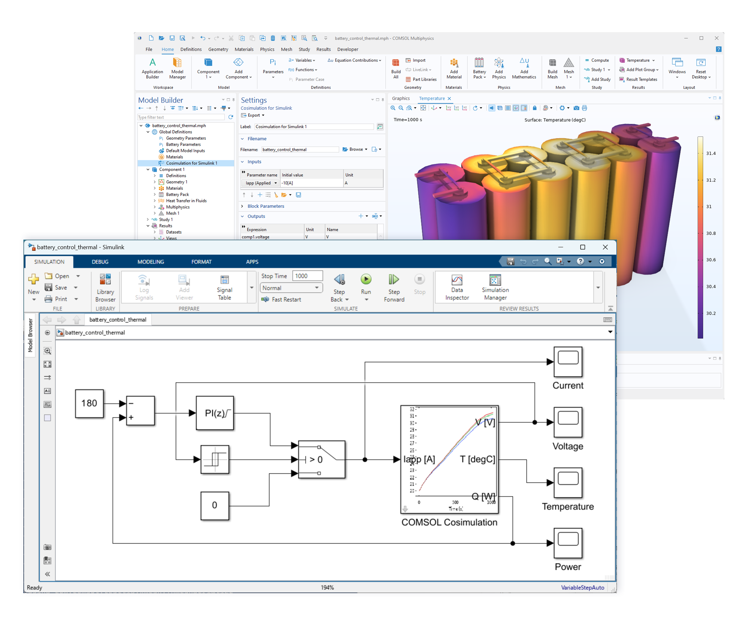 A screenshot of the COMSOL Multiphysics UI with a battery pack model in the background and a screenshot of the Simulink UI with the corresponding cosimulation in the foreground.