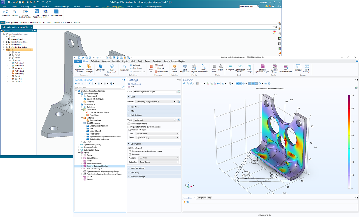 The COMSOL Multiphysics UI overlaid on a Solid Edge UI with a bracket model in both Graphics windows.