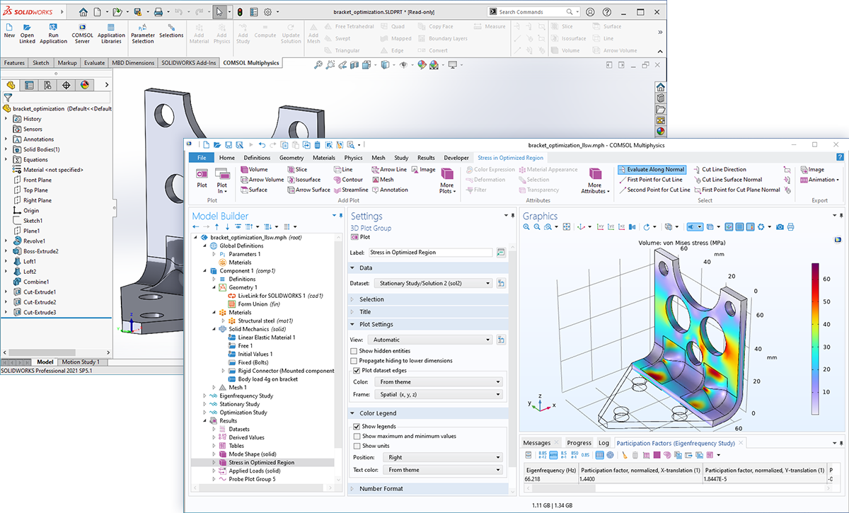 The COMSOL Multiphysics UI overlaid on a SOLIDWORKS UI with a bracket model in both Graphics windows.