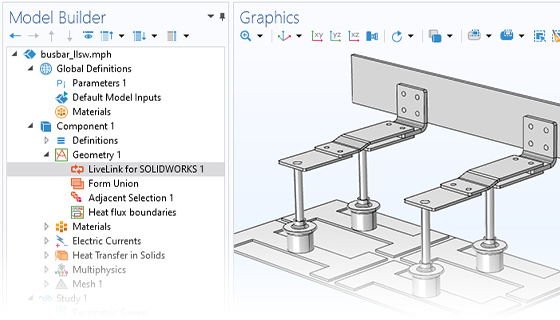 Vista in primo piano del Model Builder con il nodo LiveLink for SOLIDWORKS evidenziato e un modello di busbar nella finestra Graphics.