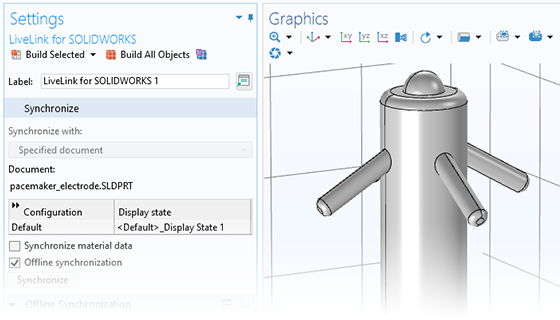 A close-up view of the LiveLink for SOLIDWORKS settings and a pacemaker model in the Graphics window.