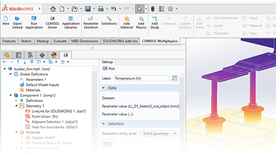 A close-up view of the SOLIDWORKS UI showing the COMSOL Multiphysics tab and a busbar model in the Graphics window.