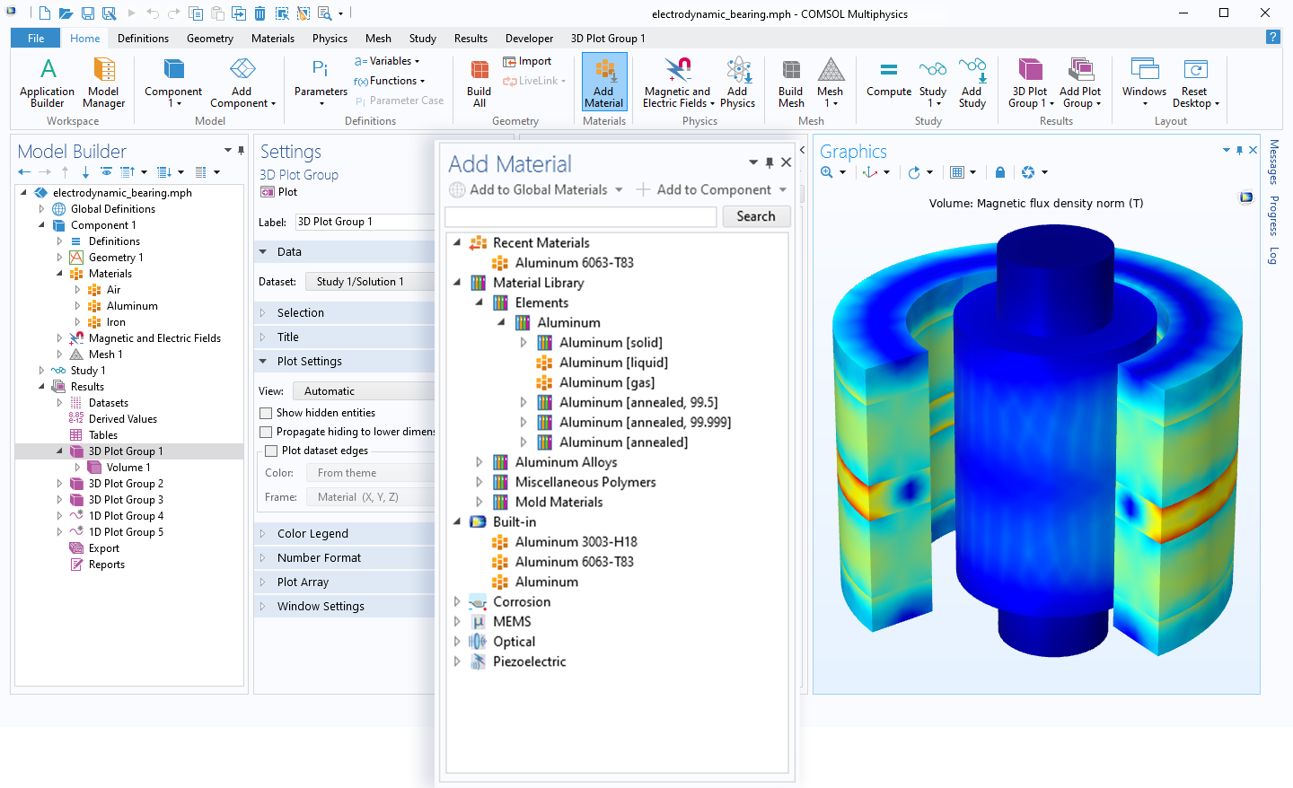 The Add Material window overlaid on a COMSOL Multiphysics UI with an electrodynamic bearing model in the Graphics window.