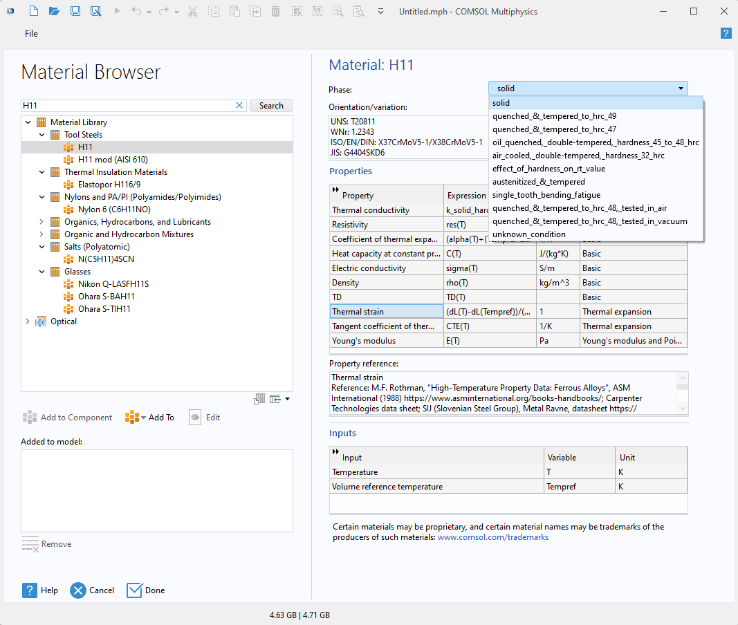 COMSOL Multiphysics 中的“材料浏览器”显示 H11 材料的属性。