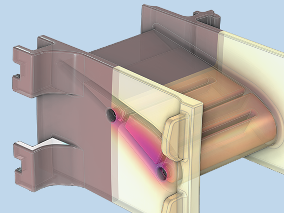 Vista in primo piano di un modello di statore di turbina che mostra i risultati relativi al materiale e alla temperatura.